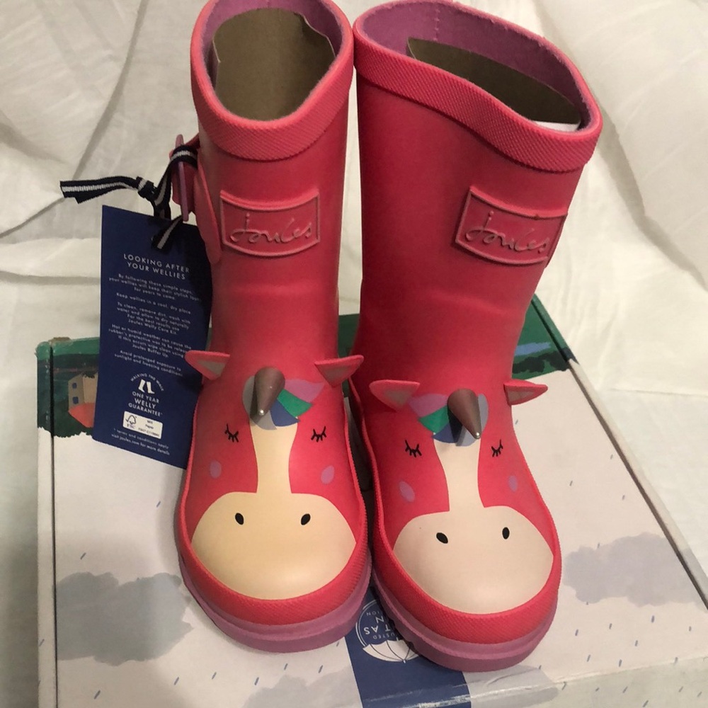 Joules Coral Pink Unicorn Kids Rain Boots size 9 NWT